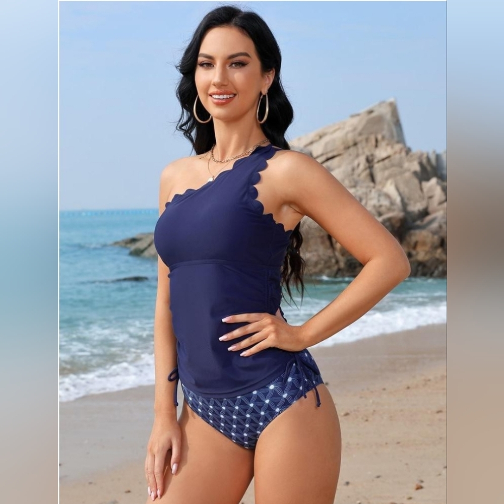 New with tags! Blueming XL Navy Scalloped One Shoulder Two Piece Bikini Swimsuit
